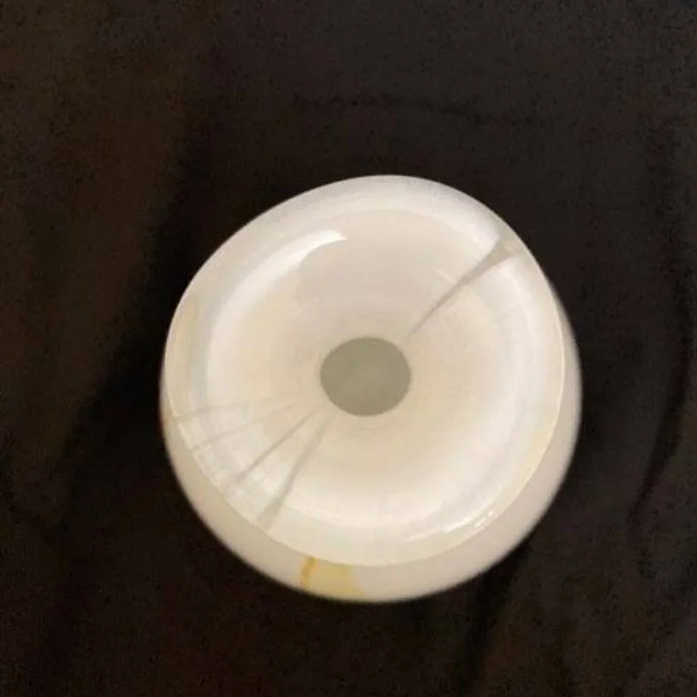 Hand‎ Blown Art Glass Vase White Yellow Rimmed Bulbous Abstract Signed